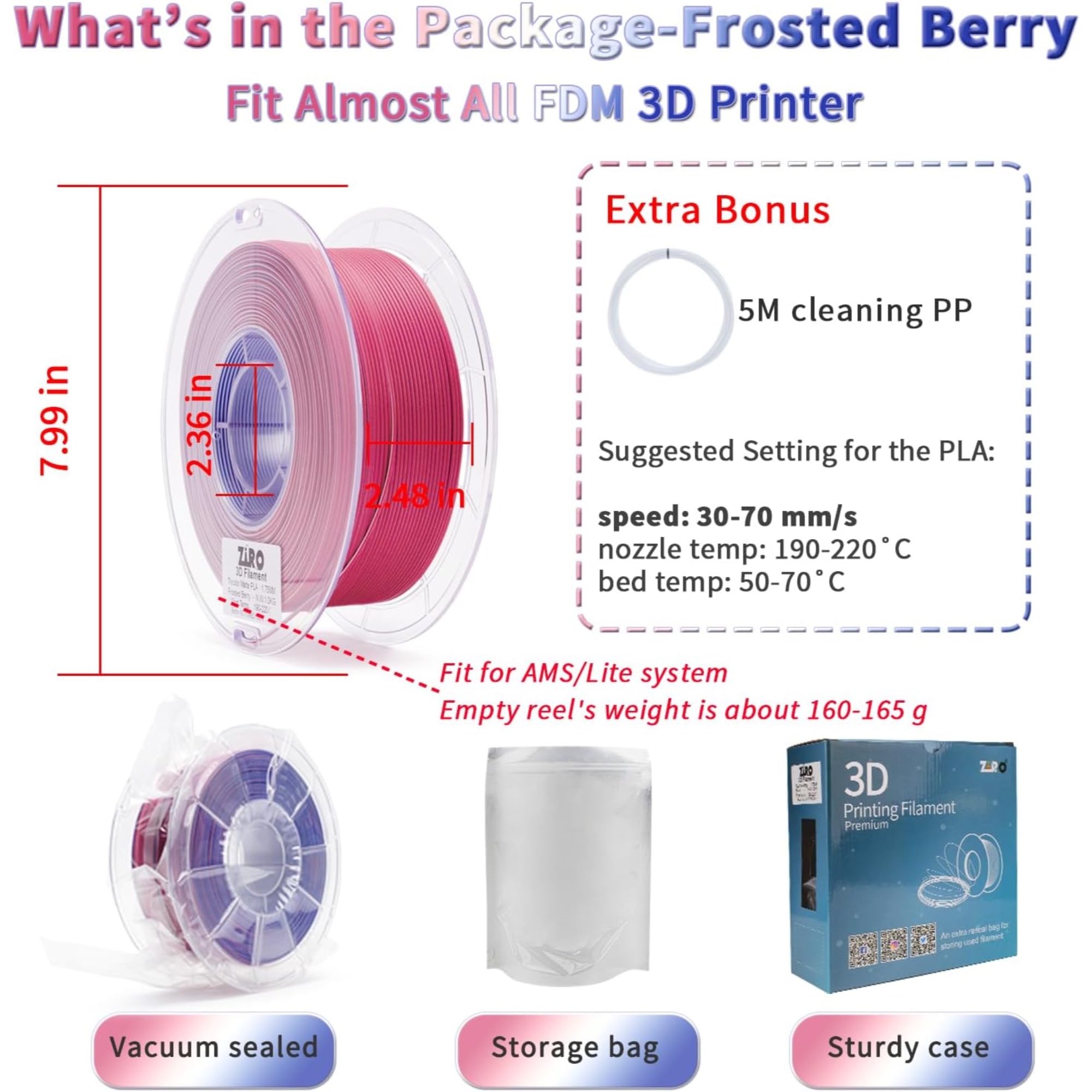 Ziro 3D Tri-color Matte PLA 1.75mm 1kg, Frosted Berry