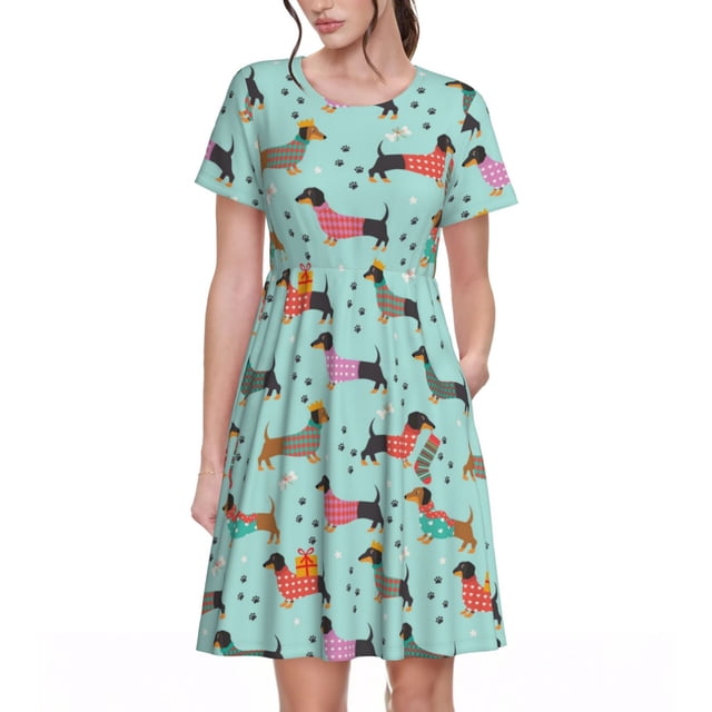 Bixox Robe d'Été à Manches Courtes pour Femmes Robe Ample Longueur Genou avec Poches-Noël Teckel