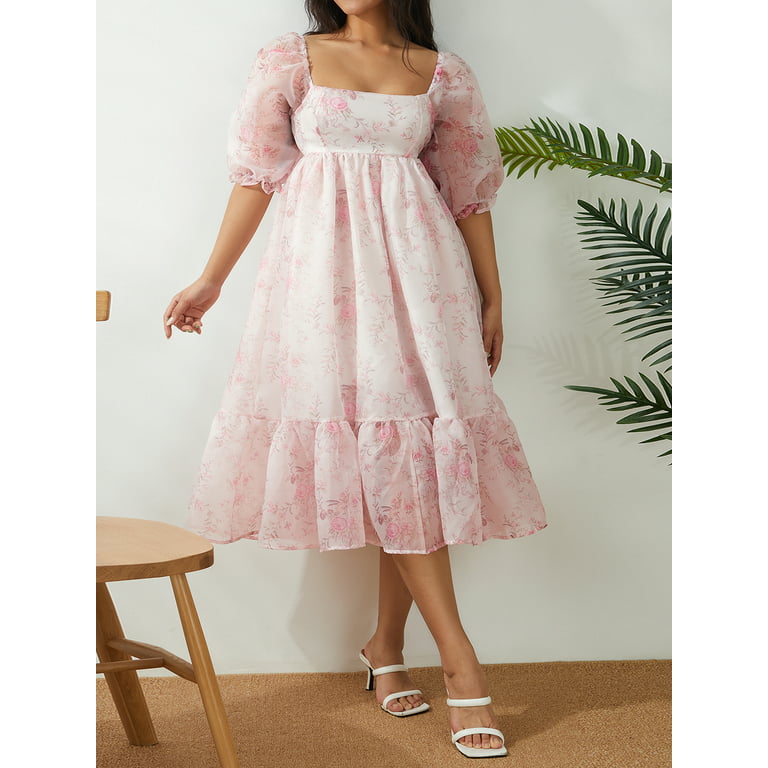 Lady Mesh Tulle Mini Bubble Dress Short Puff Sleeve Square Neck Sweet Summer