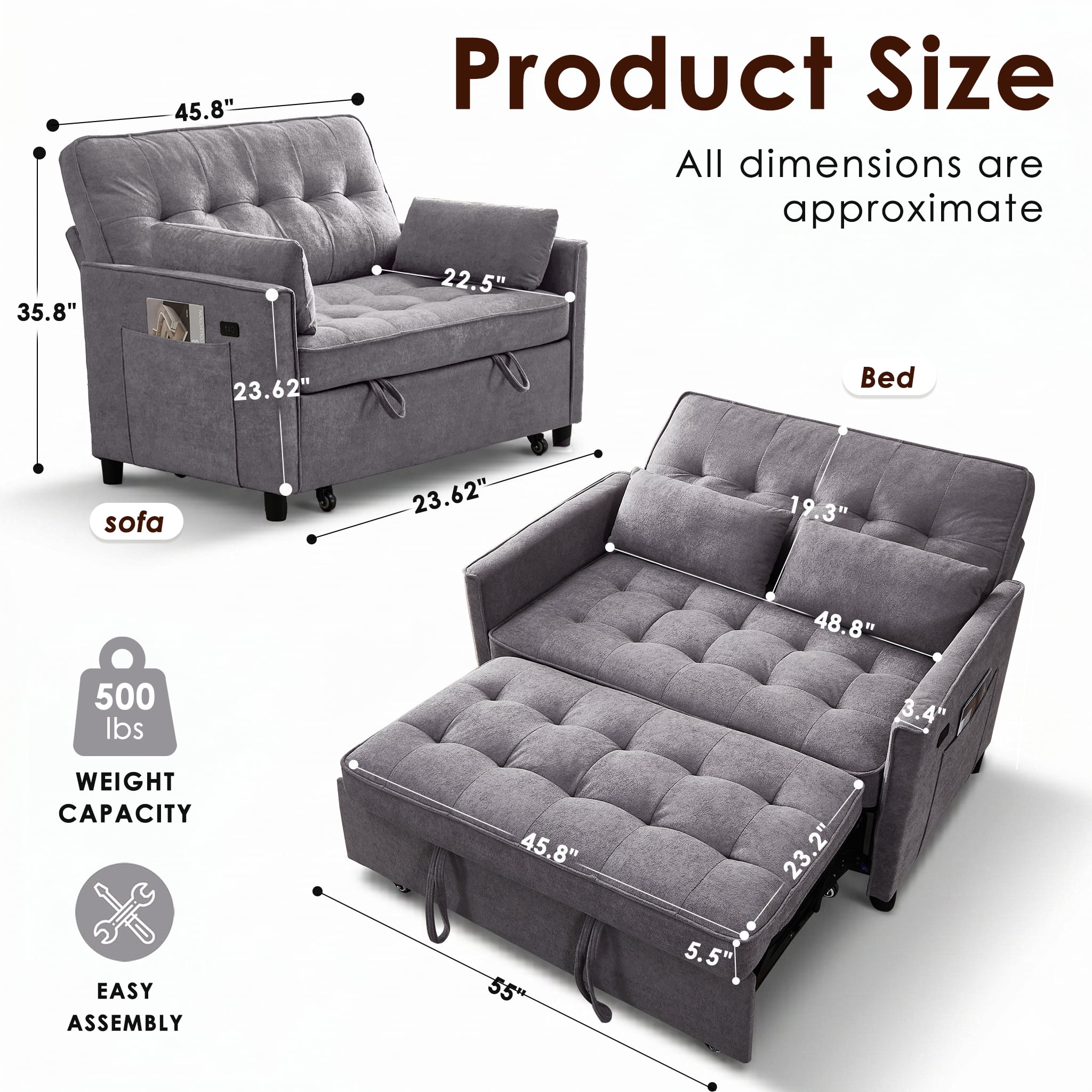 avobird 55'' 3 in 1 Pull Out Sofa Bed, Convertible Couch with Adjustable Backrest/Side Pockets/USB Charging Ports, Sleeper Sofa for Living Room, Gray