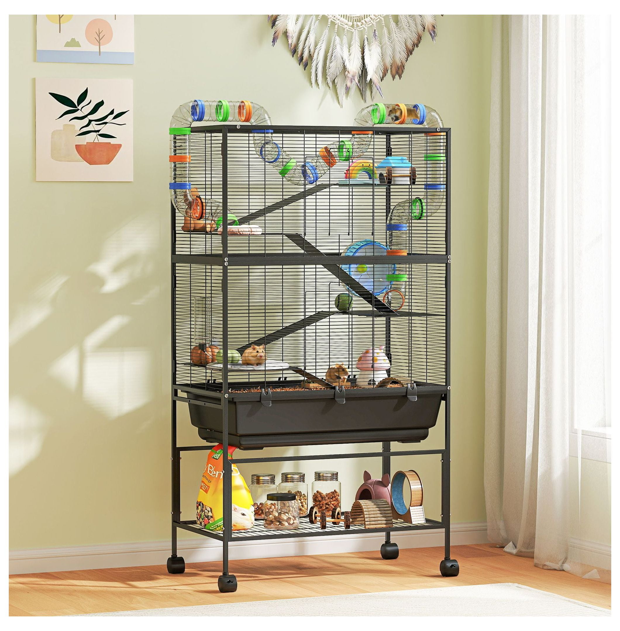 Hamster Cage 5 Tier, Rat Cage Rolling with Deep Tray & Shelf, Exercise Wheel & Tubes - Syrian Hamster Gerbil Habitats