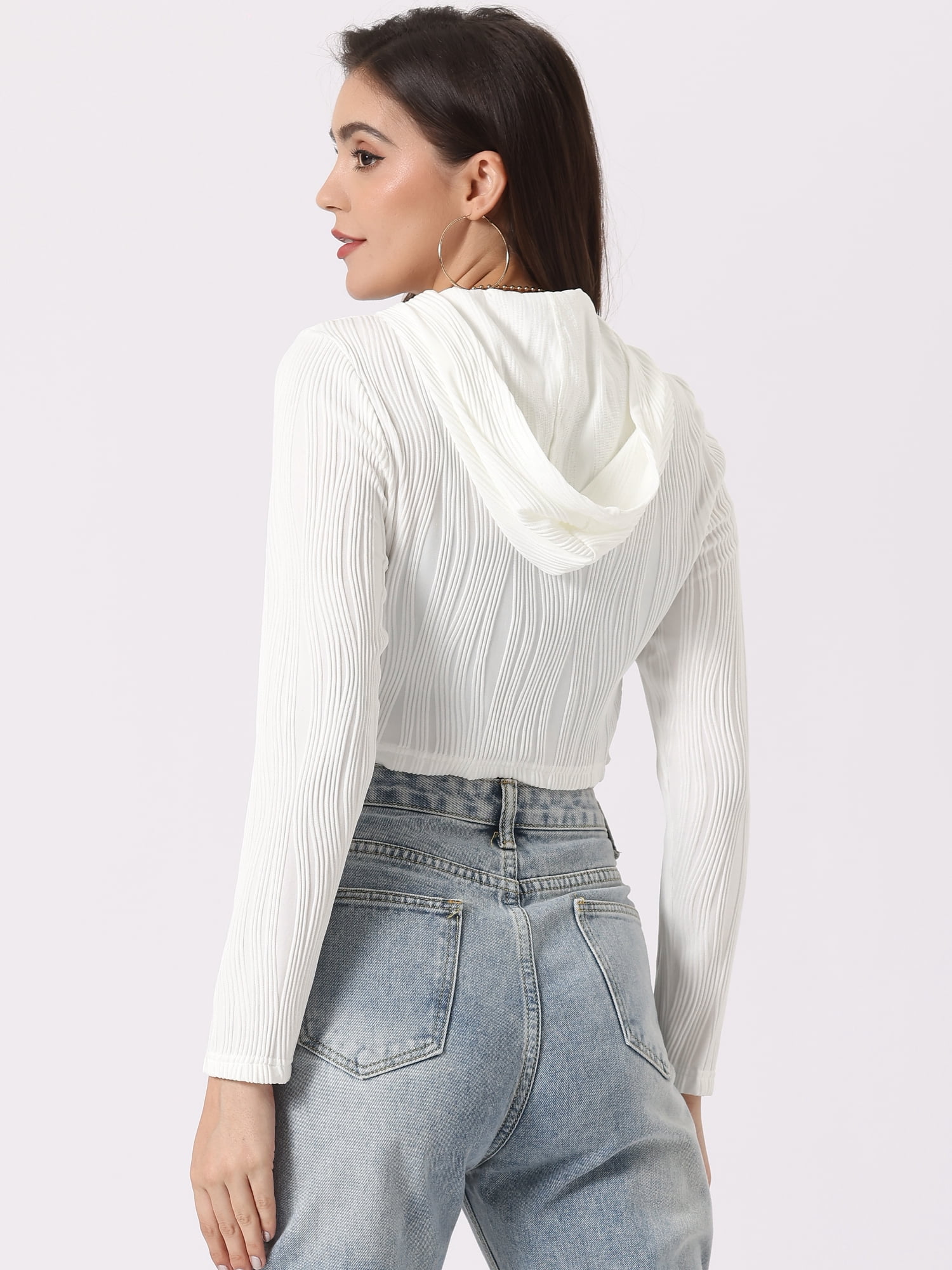 Unique Bargains Women's Casual Hoodie Zip Up Long Sleeve Lightweight Textured Crop Jacket XL White