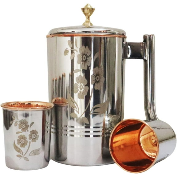 Premium Etching with Brass Knob Pitcher & 2 Tumblers for Ayurveda (57.48 fl oz)