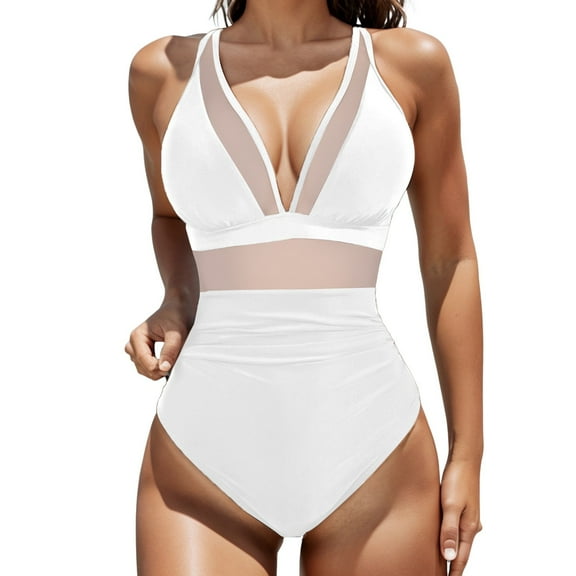 QHFBli Womens One Piece Swimsuit Solid Color Mesh Backless Sexy Bikini Swimsuit