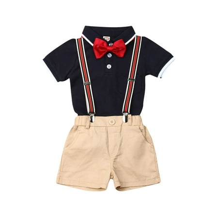

Canrulo Toddler Baby Boy Gentleman Suit Short Sleeve Bowtie Polo Shirt Suspenders Bib Shorts Clothes Navy Blue 3-4 Years