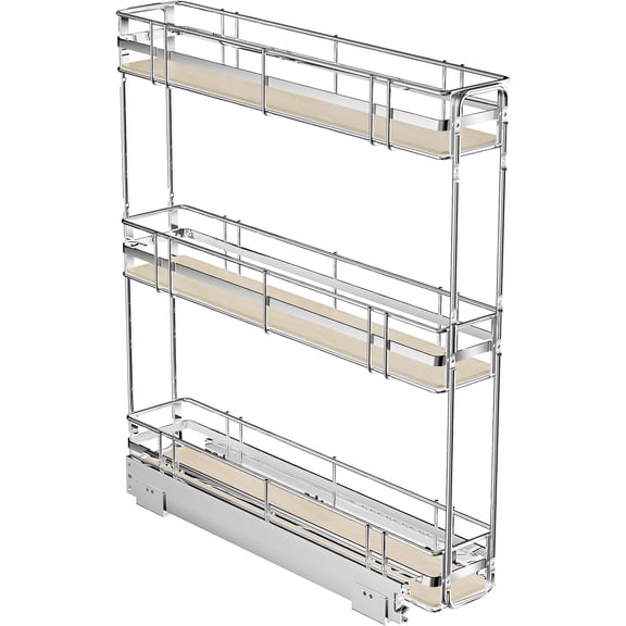 3-Tier Pull Out Cabinet Organizer Spice Rack for Narrow Cabinet 5" W x 20½" D, Slide Out Wood Shelves Storage for Kitchen