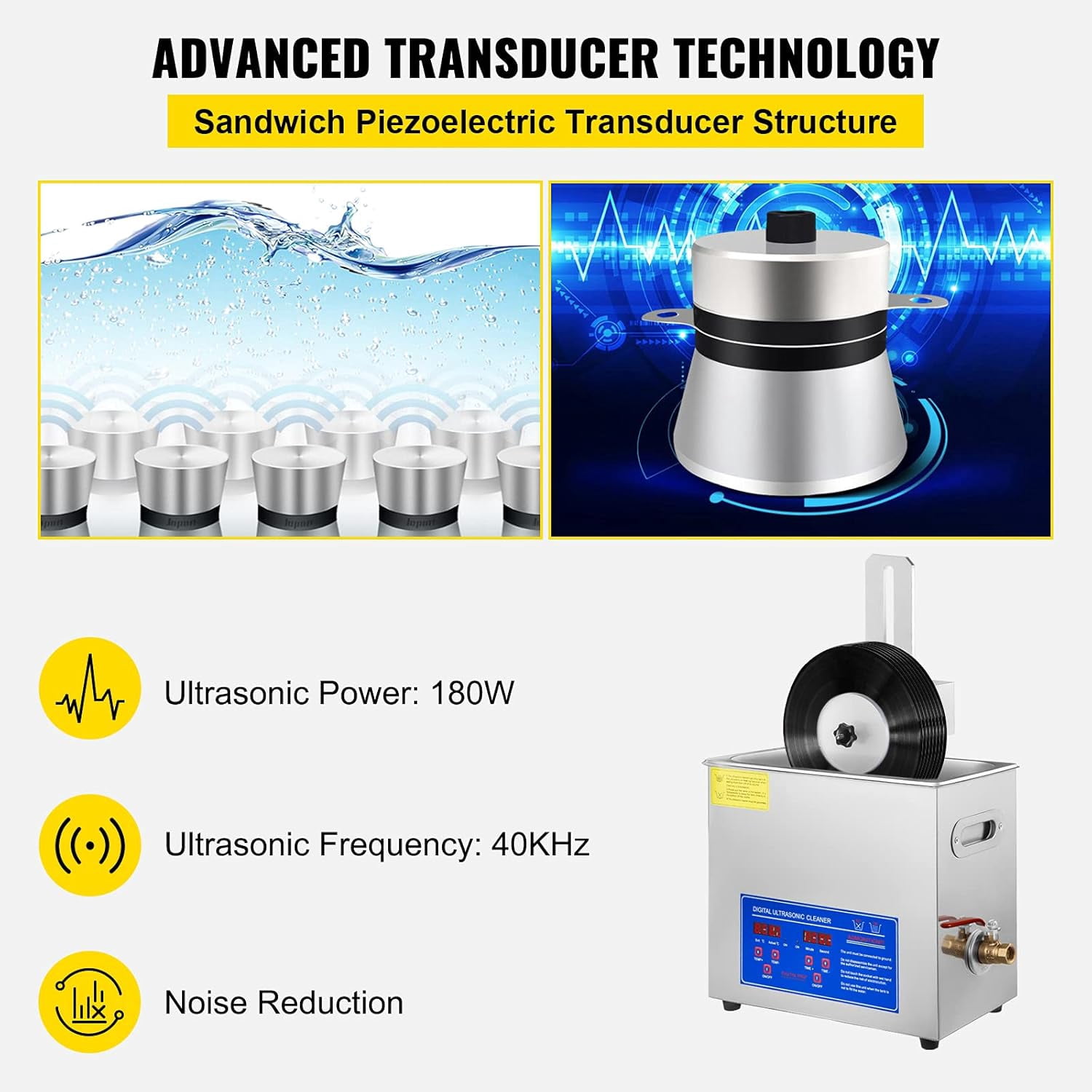 SIHAO 6L 40kHz Ultrasonic Vinyl Cleaner 7-12 Inch 8 Records Ultrasonic Vinyl Cleaning Machine 180W Ultrasonic Records Cleaner Stainless Steel Tank w/ Heater & Timer