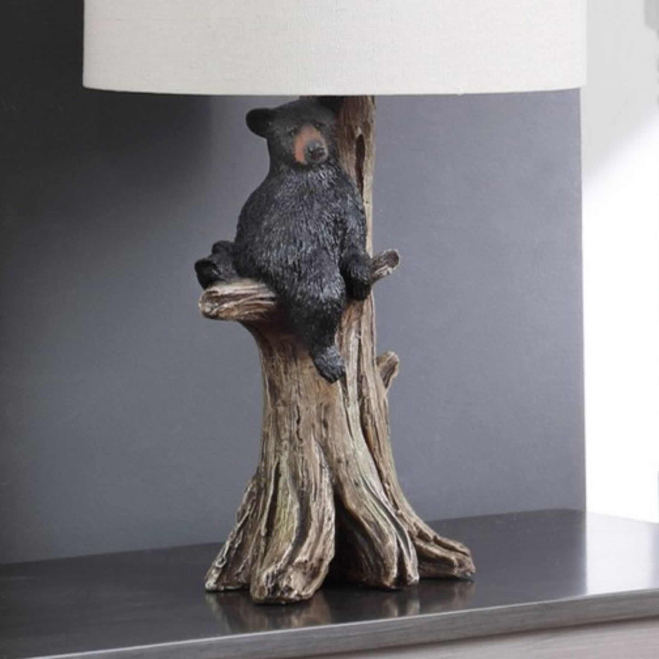 Noble House 24.75" Black Bear on Tree Table Lamp, Polyresin Figurine, Beige Drum Shade, E26 Light Bulb, Multicolor