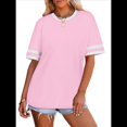 thumbnail image 3 of Camisetas de Mujer, Corte Holgado, Corta, Cuello Redondo, Bloques de Color, Moda de Verano 2025 Rosa L, 3 of 8