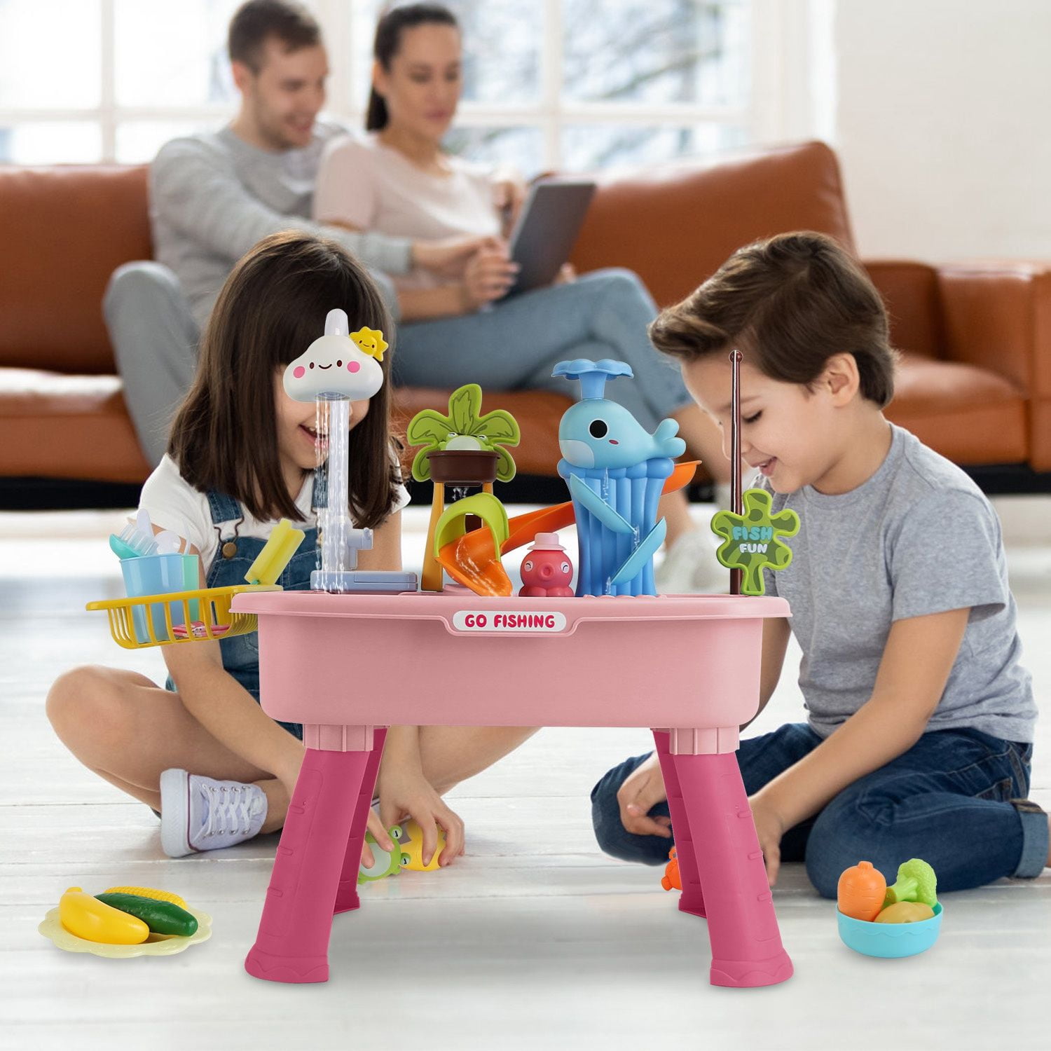 3 in 1 Kitchen Sink Toy with Electric Faucet Water Table Fishing Game Role Play Sink Set Indoor Outdoor for Kids Aged 3+ Years Old