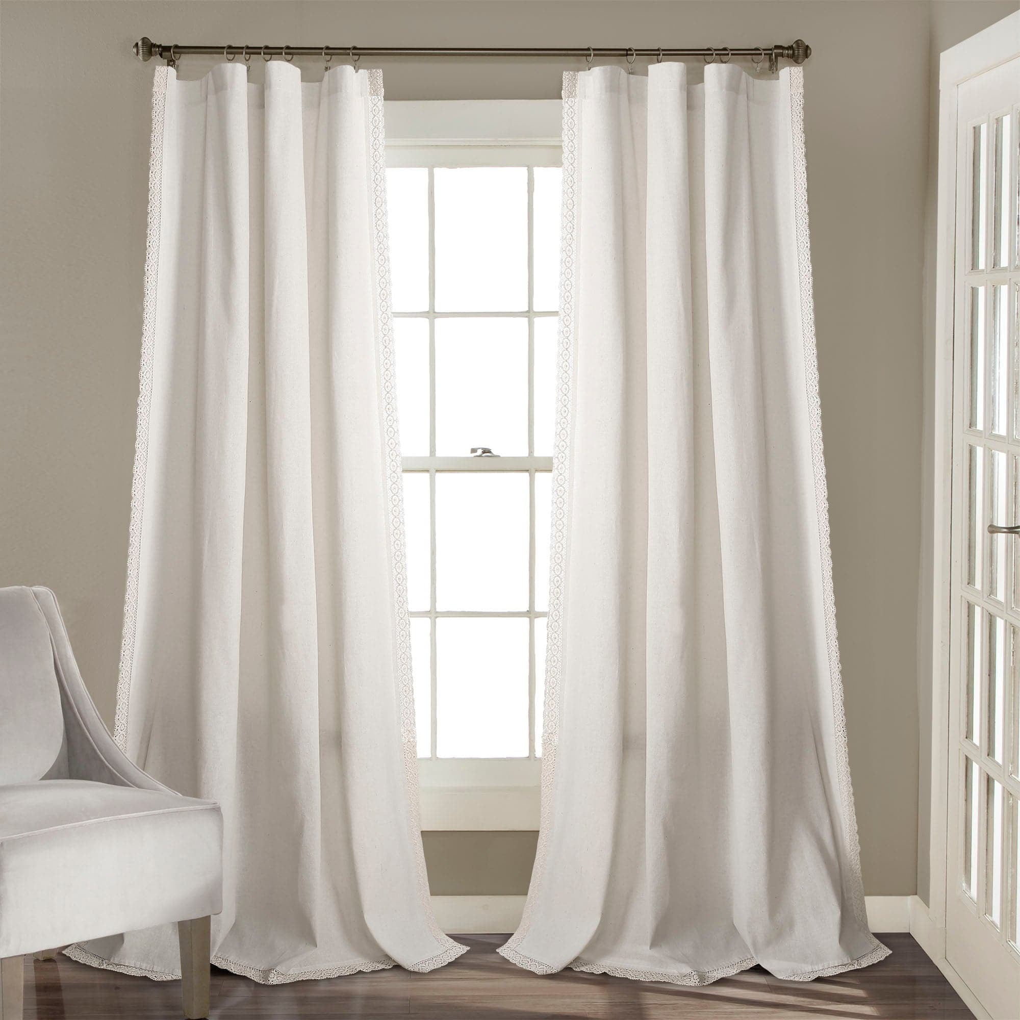 Lush Decor Rosalie Faux Linen Delicate Lace Edge Solid Color 3" Rod Pocket Light Filtering Window Curtain Panel, Ivory, 63"L x 54"W, Set of 2