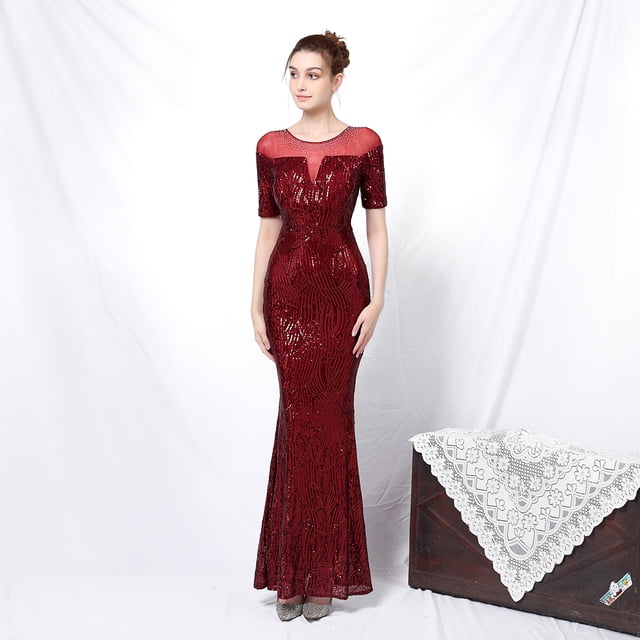 Elegante vestido de noche con cola de pez y manga larga con lentejuelas y estilo astrológico