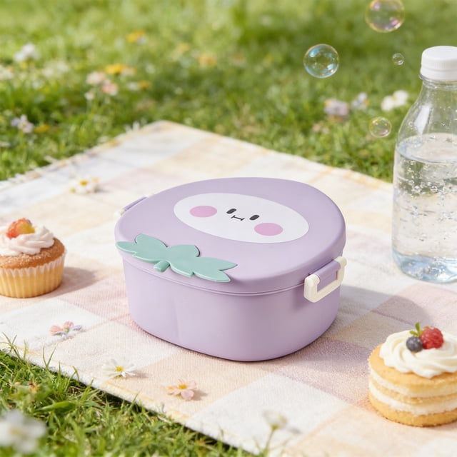 Linnome Cute Children's Peach Compartment Lunch Box Small Fresh Fruit Shaped Complementary Food Box Portable Picnic Bento Box in Purple