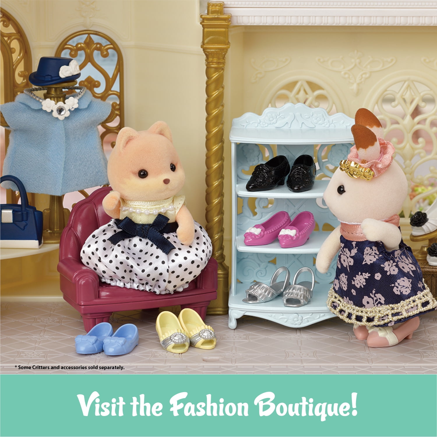 Calico Critters Fashion Playset Shoe Shop Collection, Dollhouse Playset with Caramel Dog Figure and Fashion Accessories