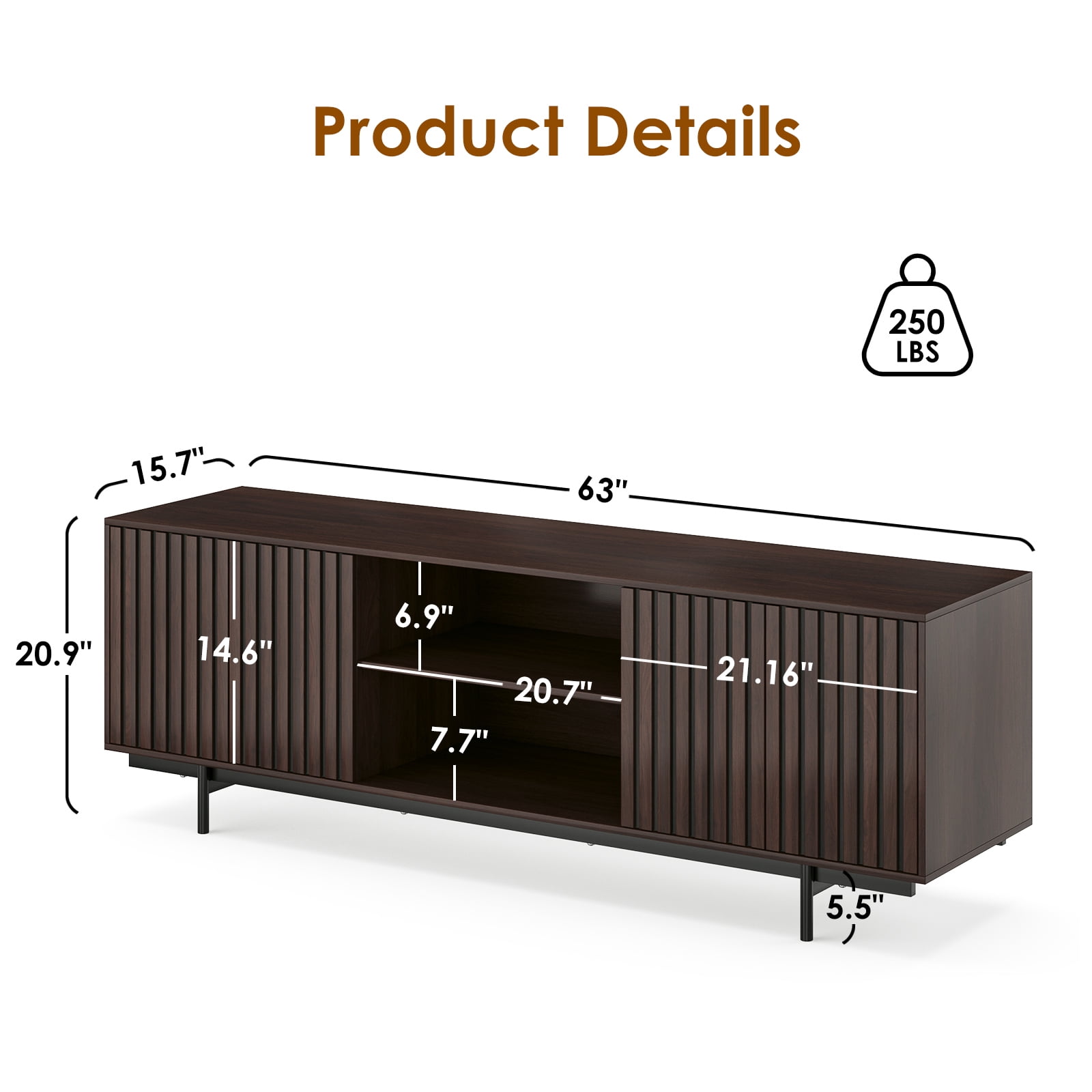 Hommoo Mid Century Modern TV Stand Up to 75", Farmhouse Fluted TV Stand, Retro Wood TV Stand with Storage and Shelf, Entertainment Center with Pop-Up Doors for Home, Dark Walnut