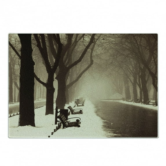 Tree Cutting Board, Old Winter Alley by the Trees in European Town Foggy Day Photo Vintage Faded Effects, Decorative Tempered Glass Cutting and Serving Board, Small Size, Brown Beige, by Ambesonne