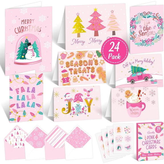 24 Pack 6x4in Pink Christmas Cards with Envelopes and Stickers, 8 Elegant Designs with Printed Message Inside