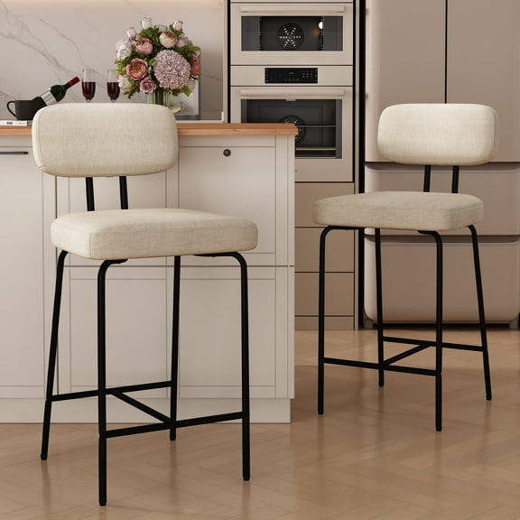 HomeZeer Bar Stools Set of 2, 26" Counter Height Barstools with Back and Footrest, Square Fabric Upholstered Stools, White