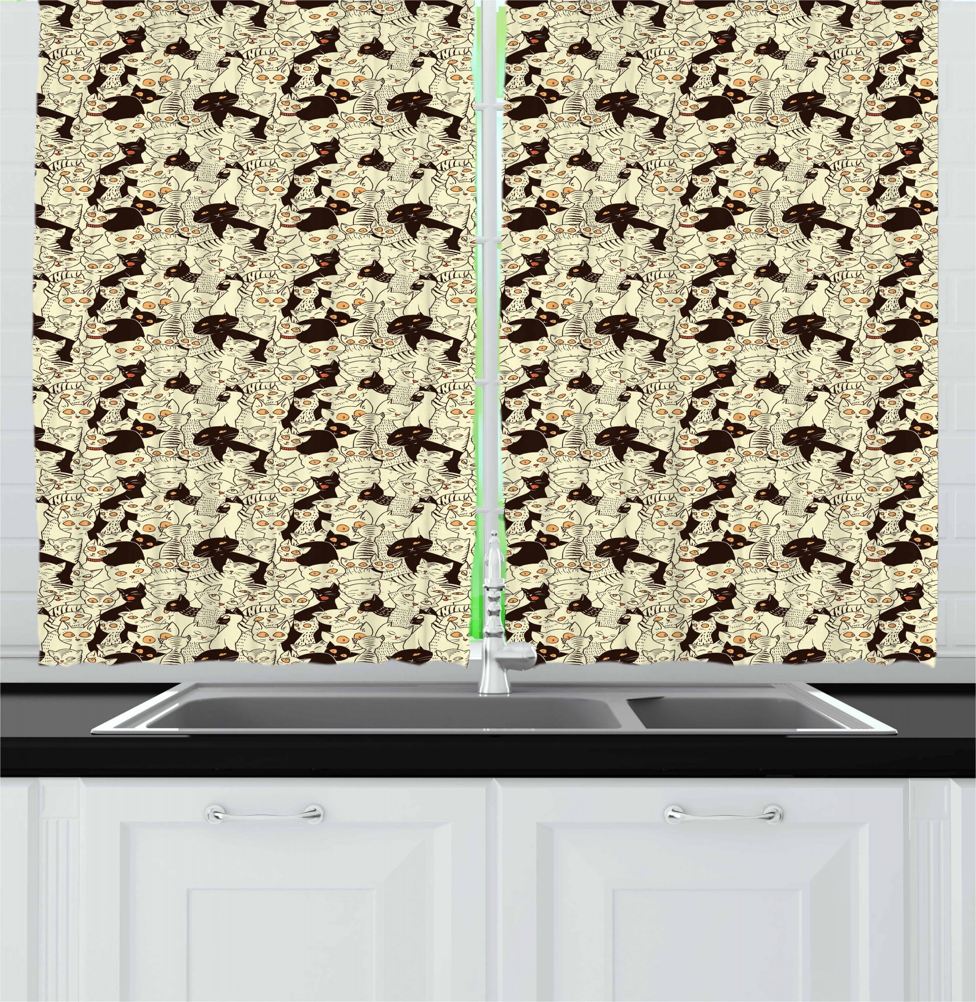 Cat Kitchen Curtains, Sketch Kittens Animals Sleeping and Yawning Best