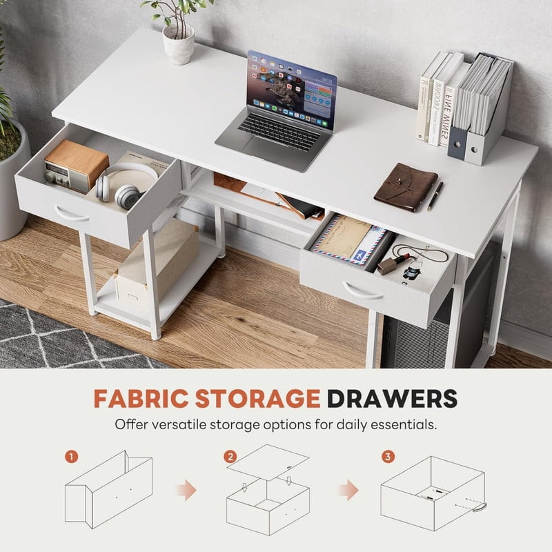 Kelno 48 Inch Computer Desk with Storage Shelf 2 Fabric Drawer Vanity Writing Table, White