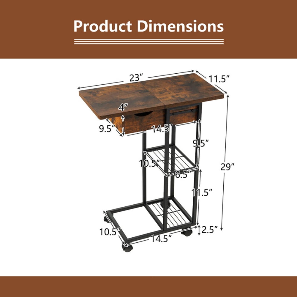 Finihen End Table, C-Shaped End Side Table with Charging Station and Wheels, Sofa Side Table, Bed Side Table, for Living Room, Bedroom, Rustic Brown Finihen End Table, C-Shaped End Side Table with Charging Station and Wheels, Sofa Side Table, Bed Side Table, for Living Room, Bedroom, Rustic Brown