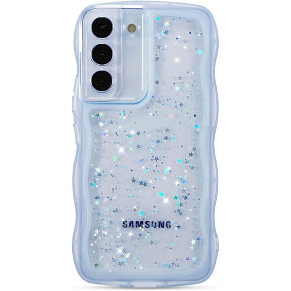 for Samsung Galaxy S21 5G Case 6.2",Cute Curly Wave Case with Star Glitter,Clear Shiny Bling Soft TPU Shockproof Phone Protecive Case for Women Girls-Blue