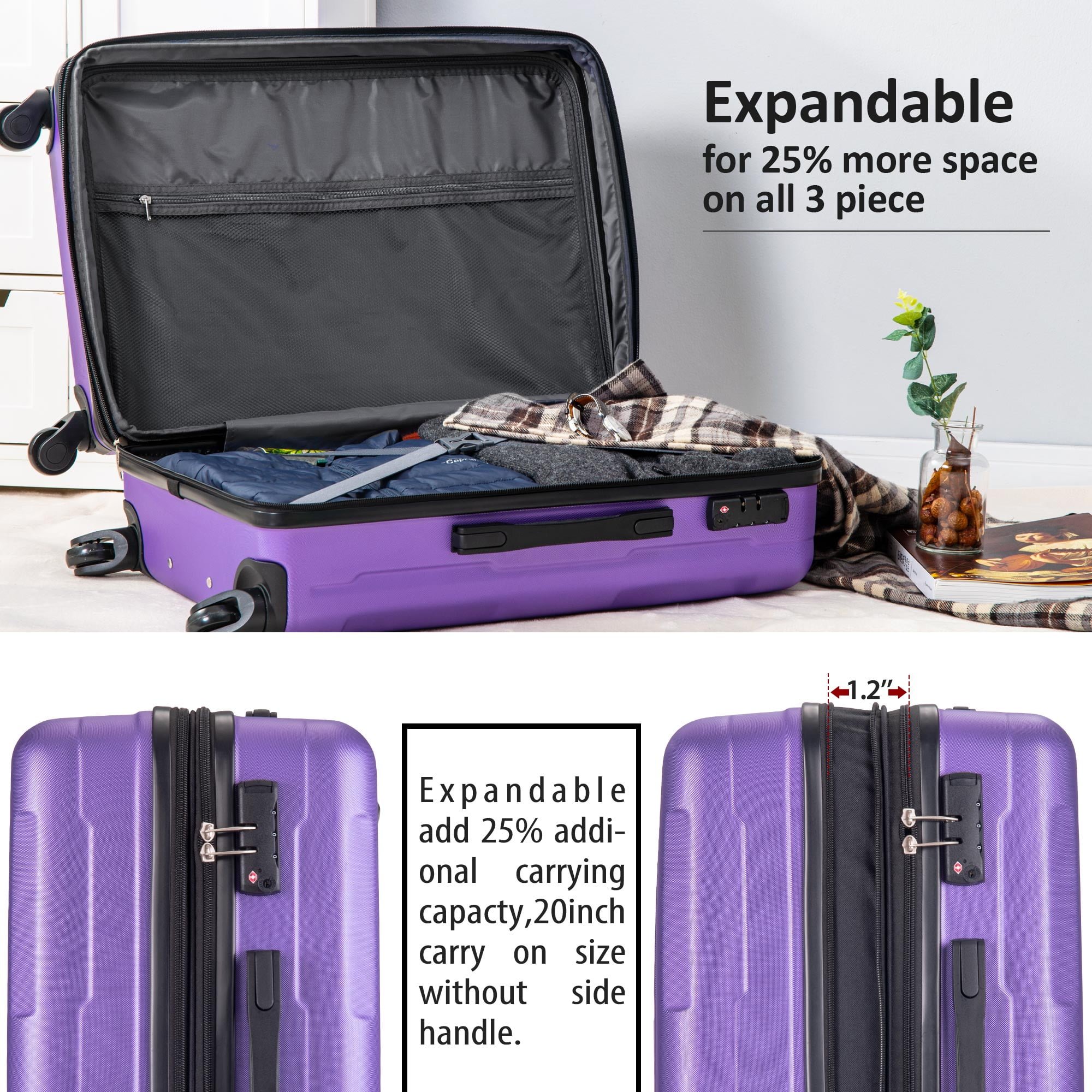 Ginza Travel 2 Piece Hardside Luggage Set for Travel,20 inch 28 inch Lightweight Suitcase with Wheels,Purple, Size: 2PCS(2028)