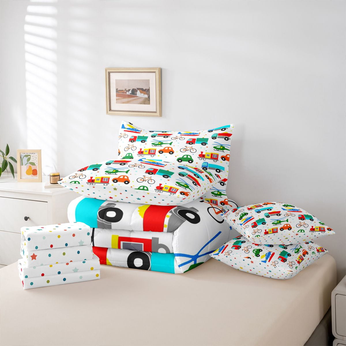 Manfei Colorful Cartoon Cars 7pcs Bedding Comforter Set,Modern Aircraft Aitplane Queen Bedding Sets,Cute Multicolor Stars Queen Sheet Sets For Boys Girls,Super Cozy Room Decor Reversible