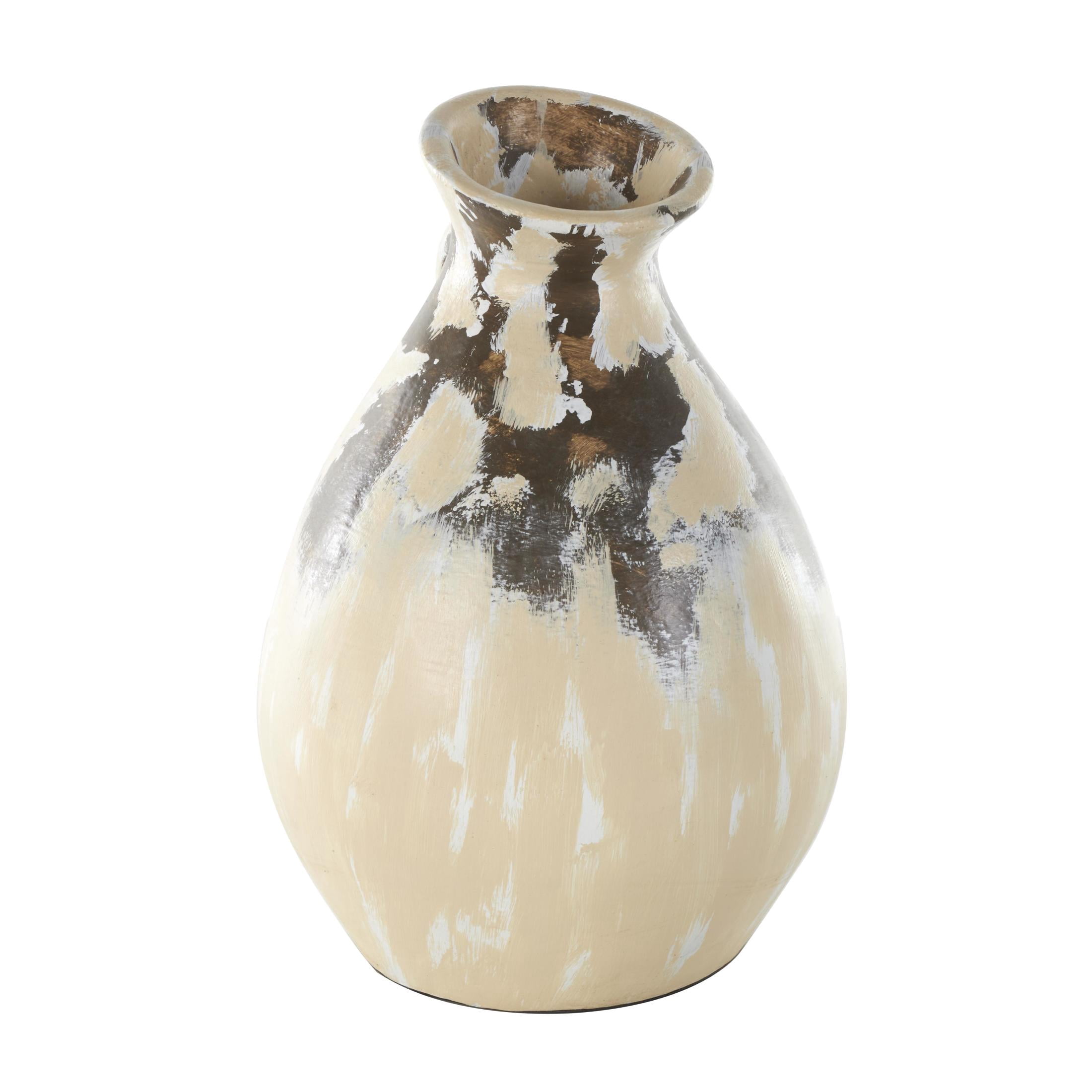 DecMode 17" Antique Style Pot Cream Ceramic Vase with Curved Handle