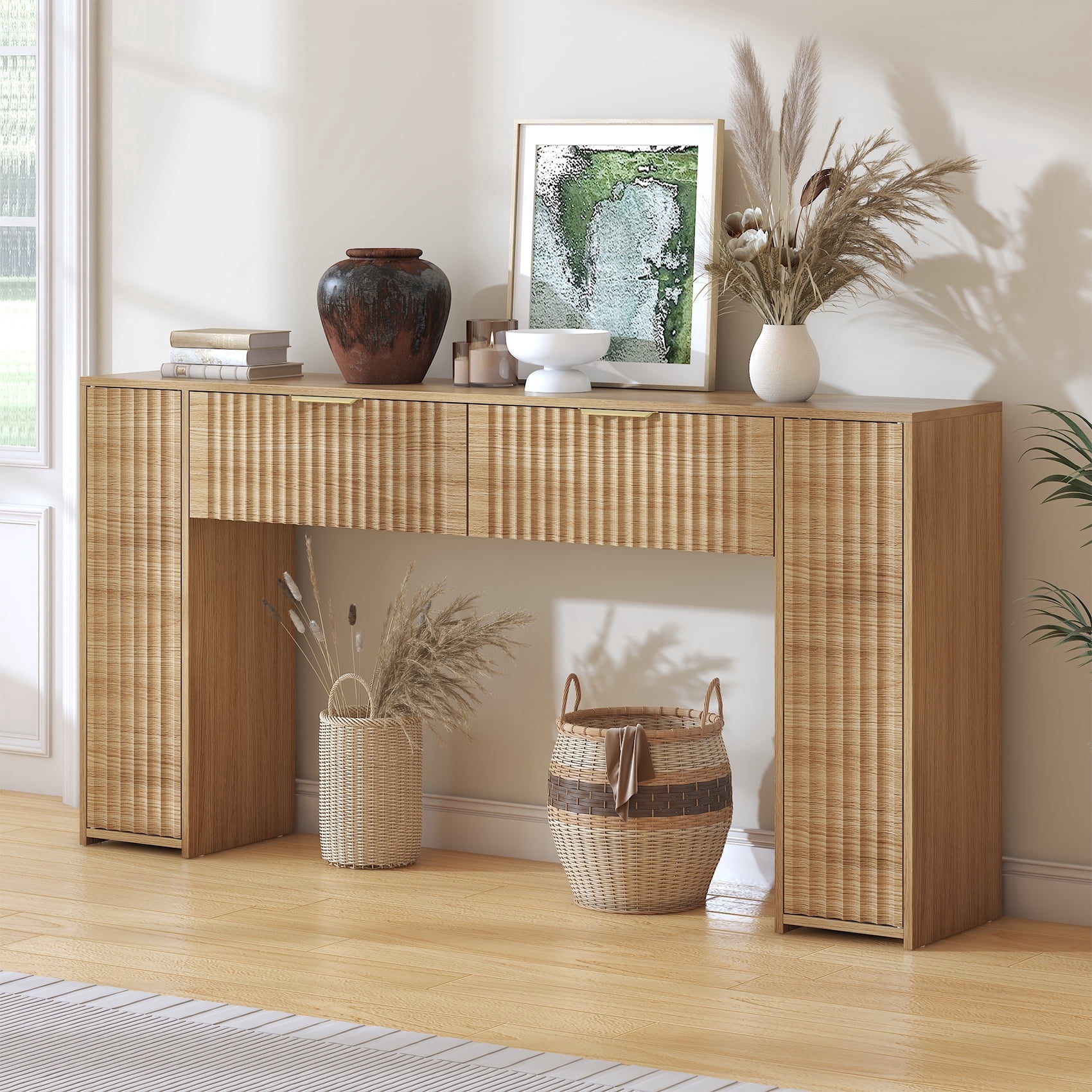Winkalon 63" Fluted Console Table for Entryway, Modern Entryway Table with 2 Large Drawers, Long Sofa Table Behind Couch for Living Room, Hallway, Couch, Foyer,Oak