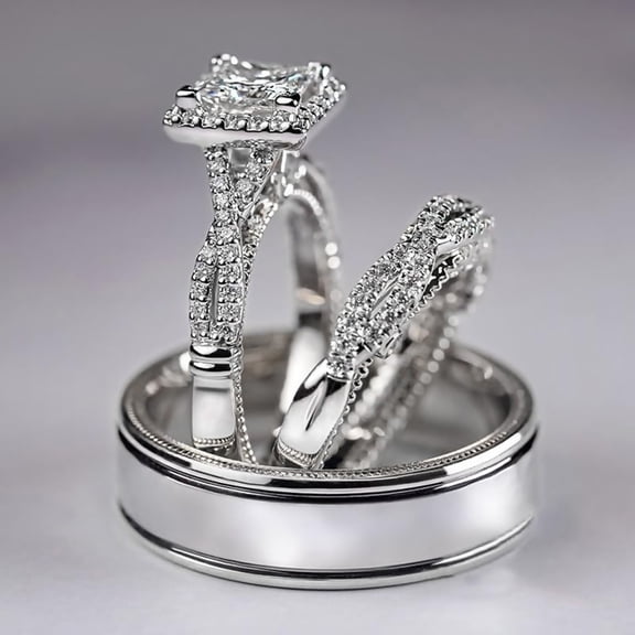 Silver Princess Cut CZ Bridal Ring Set 3-Piece Bridal Ring Set, Silver Plated Princess Cut CZ Engagement Ring with Matching Wedding Bands, His and Hers Promise Ring Set for Couples Sizes 10