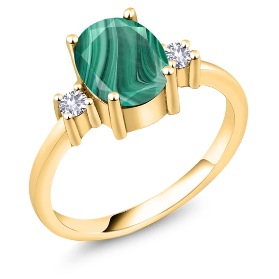 Gem Stone King 2.60 Ct Green Malachite White Created Sapphire 18K Yellow Gold Plated Silver Ring (Size 6)