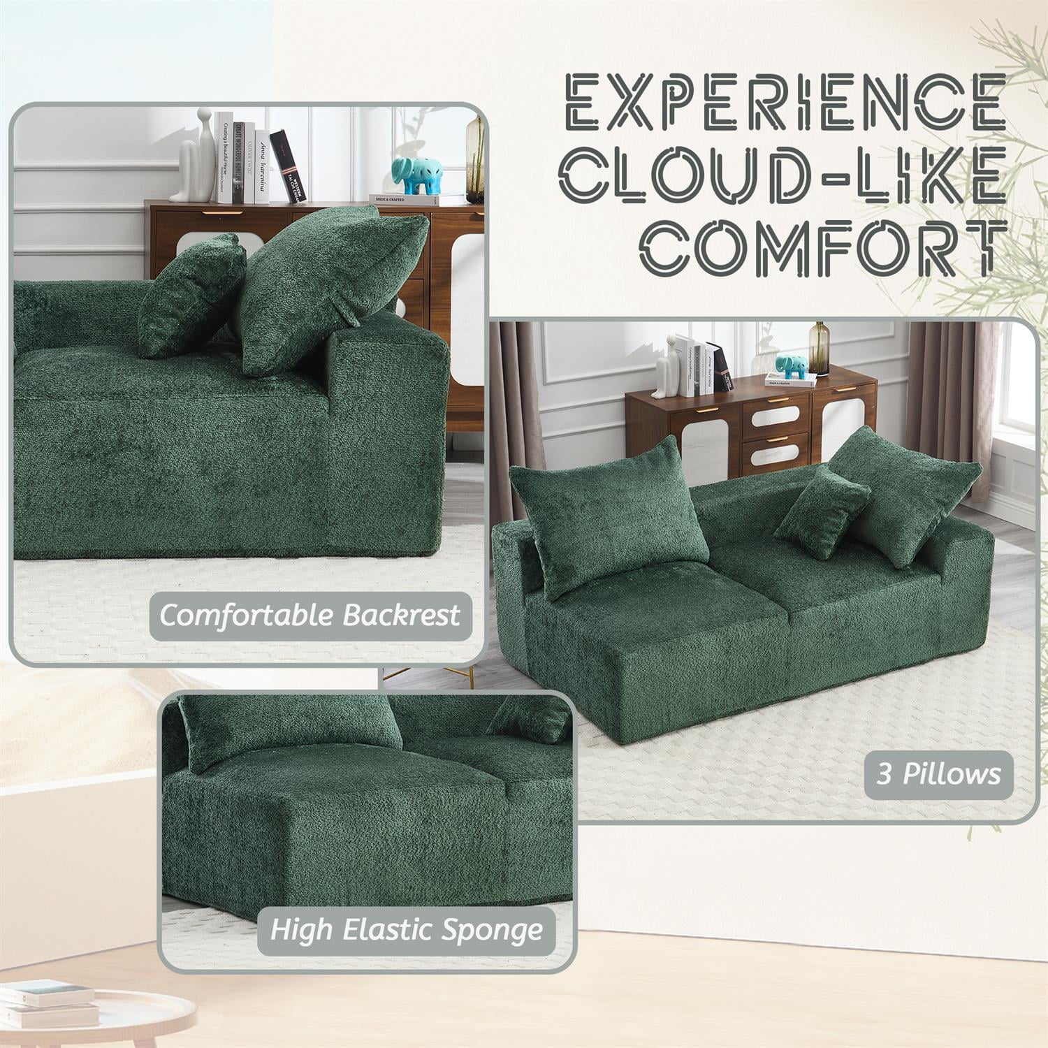Demi Bonn 67" Premium Fabric Sofa, Cozy 2-Person Couch for Living Room and Office, Comfort Style Lazy Leisure Seat, Green