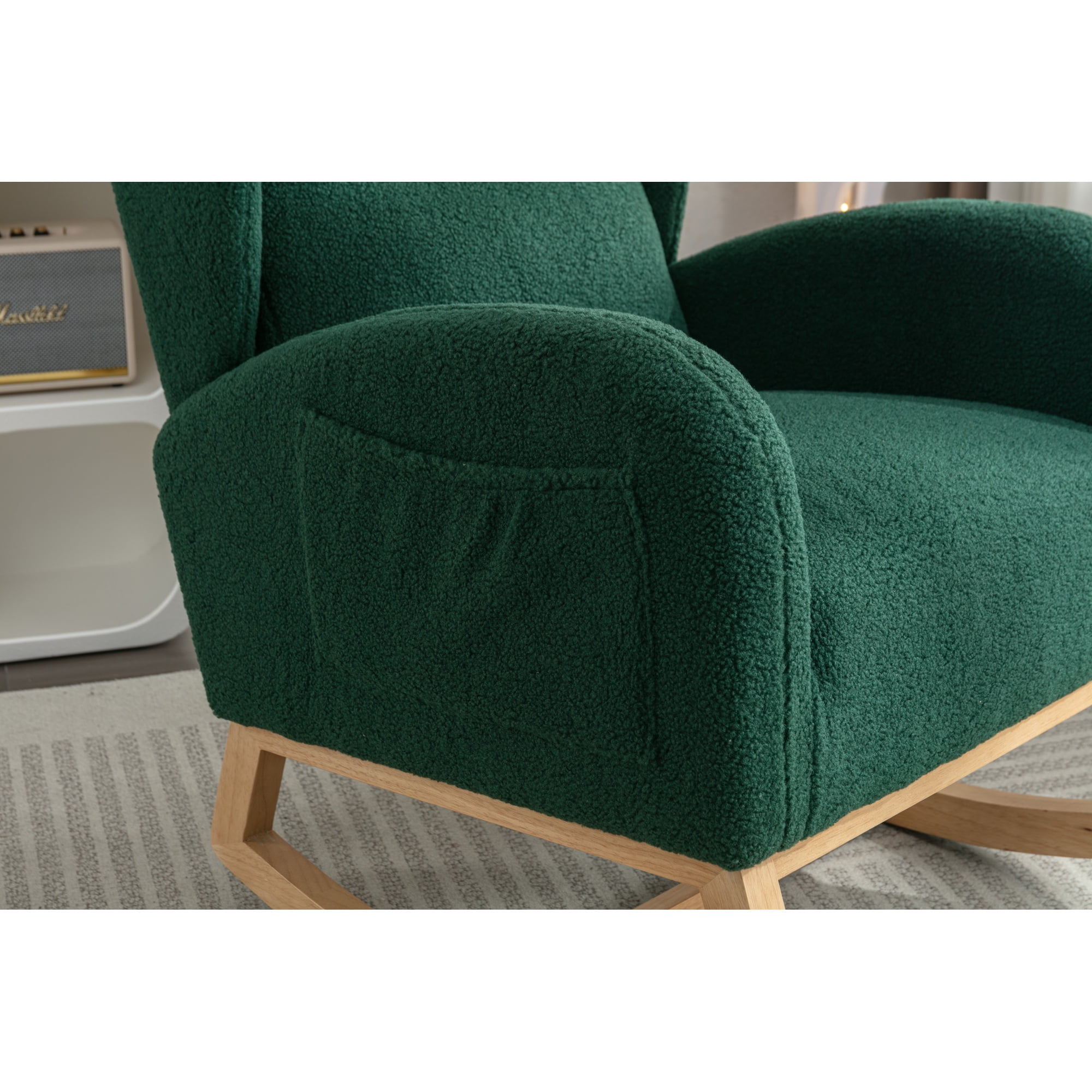 Rocking Chair Nursery,Teddy Fabric Uplostered Rocking Glider Chair with Side Pocket,Modern High Backrest Single Sofa for Living Room, Hotel, Bedroom, Baby Room,Green