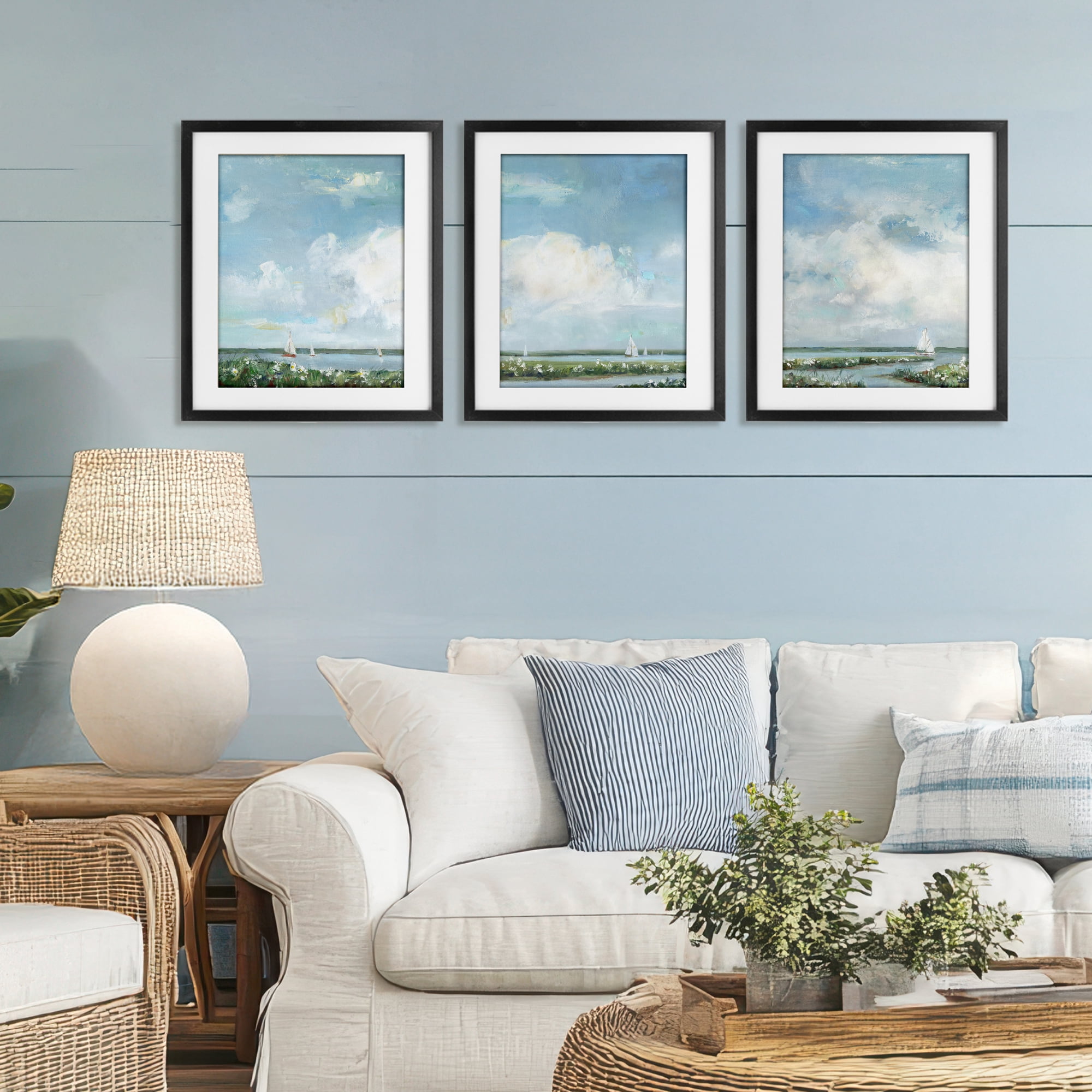 Stupell Industries Daisies Along Calm Coastline 3 Piece Black Framed Print Under Glass Set, design by Sally Swatland