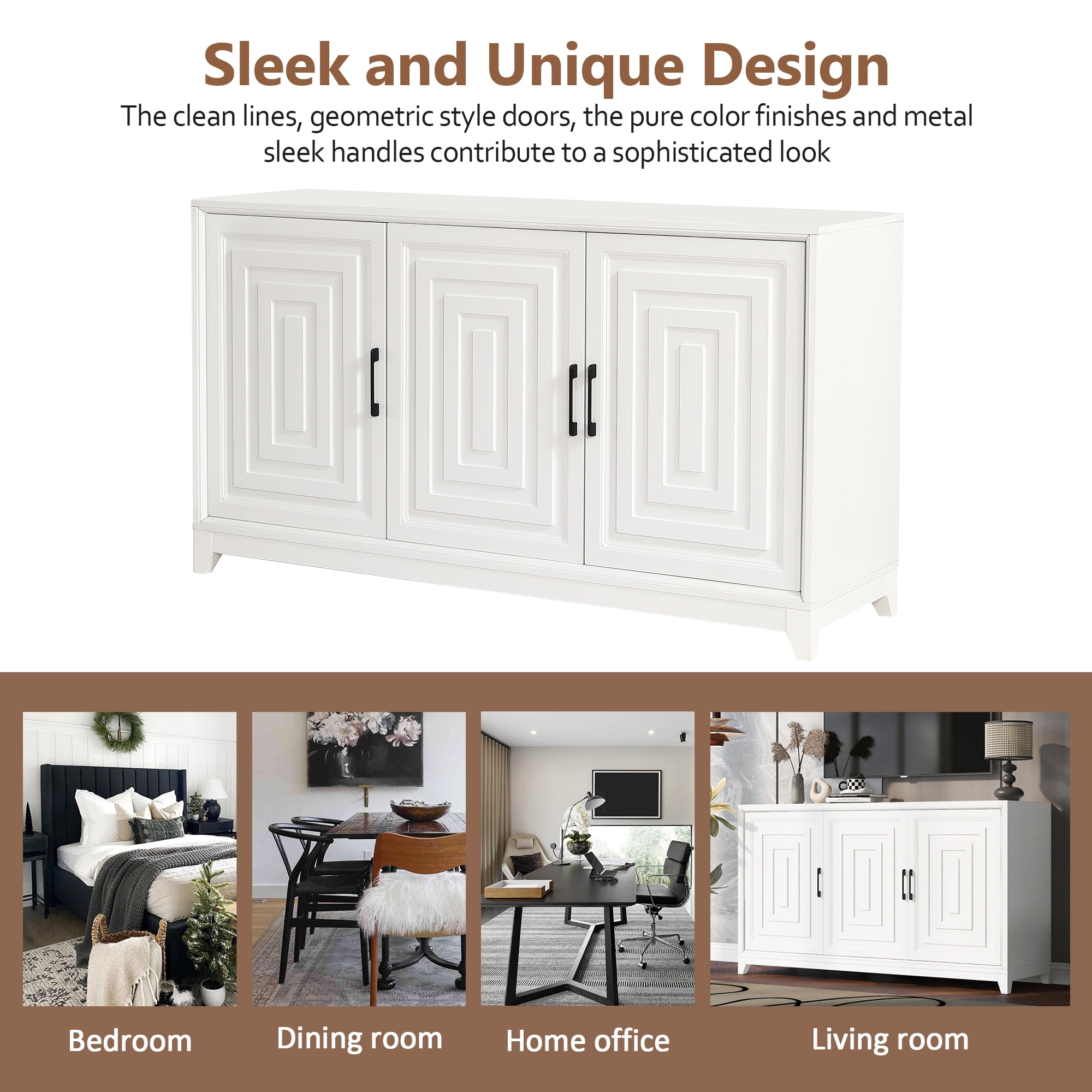 TV Stand for TVs up to 65 Inch with Geometric Doors and Adjustable Shelves, Media Console and Entertainment Center with Solid Wood Legs, White
