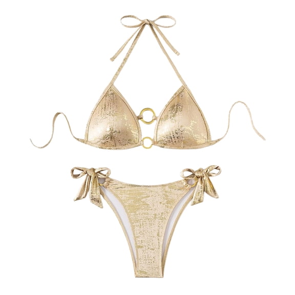 Women's Bikini 2 Piece Swimsuit Sparky Glitter Spaghetti Strap Halter Side Tied Thong Trendy Stretchy Bathing Suit (S, Gold)