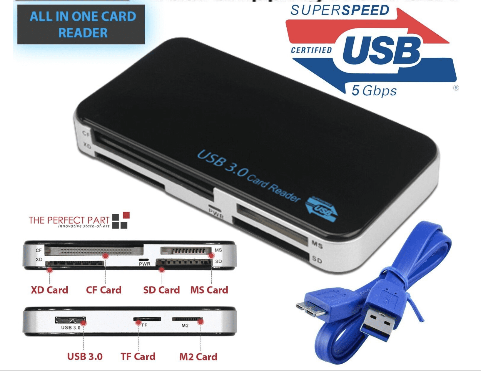 USB 3.0 Memory Card Reader Adapter 5GBPS Fit For CF/TF/SD/Micro SD/XD