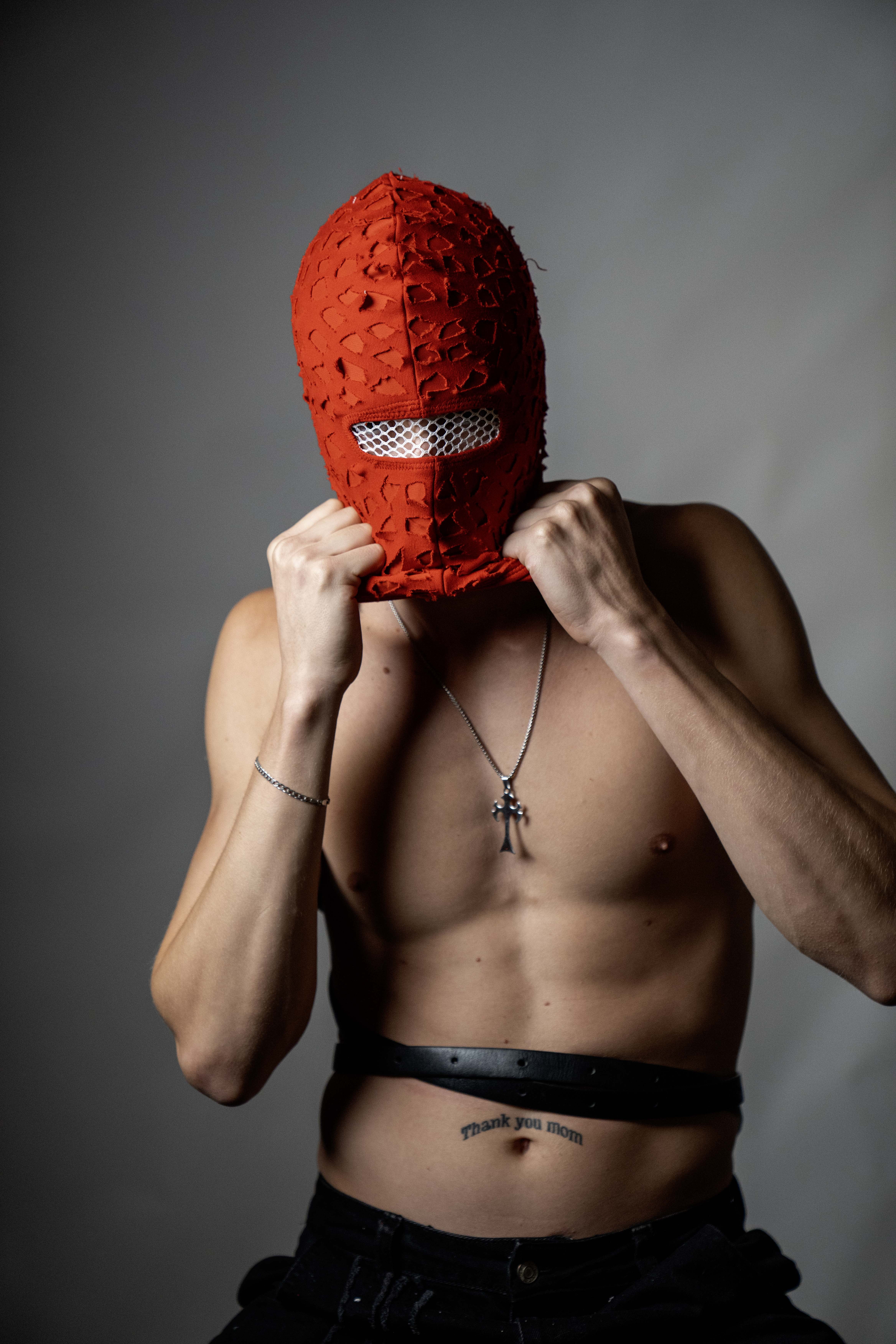 Handmade balaclava ski mask, tatty and shabby, ragged tattered design Fragmented cotton unisex for all ages winter cold indoor and outdoor