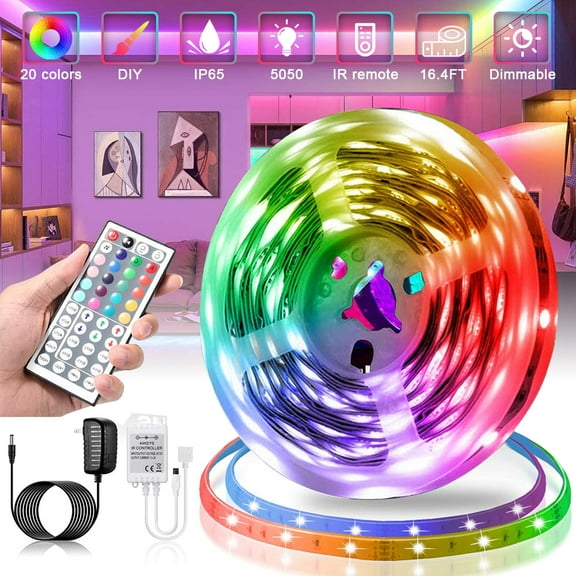 LED Light Strips LED Tape Lights, 16.4ft RGB Color Changing 5050 LED Strip Lights for Home Lighting Kitchen Bedroom Decoration, Power Supply Lights with 44 Key IR Remote Controller
