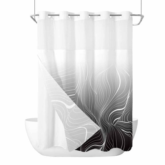 No Hook Shower Curtains with Snap-in Liner Set, Black Geometric Waterproof Hotel Bathroom Shower Curtain, Modern White Stripe Abstract Distortion Art Mesh Top Window Bath Curtains 48''x72''