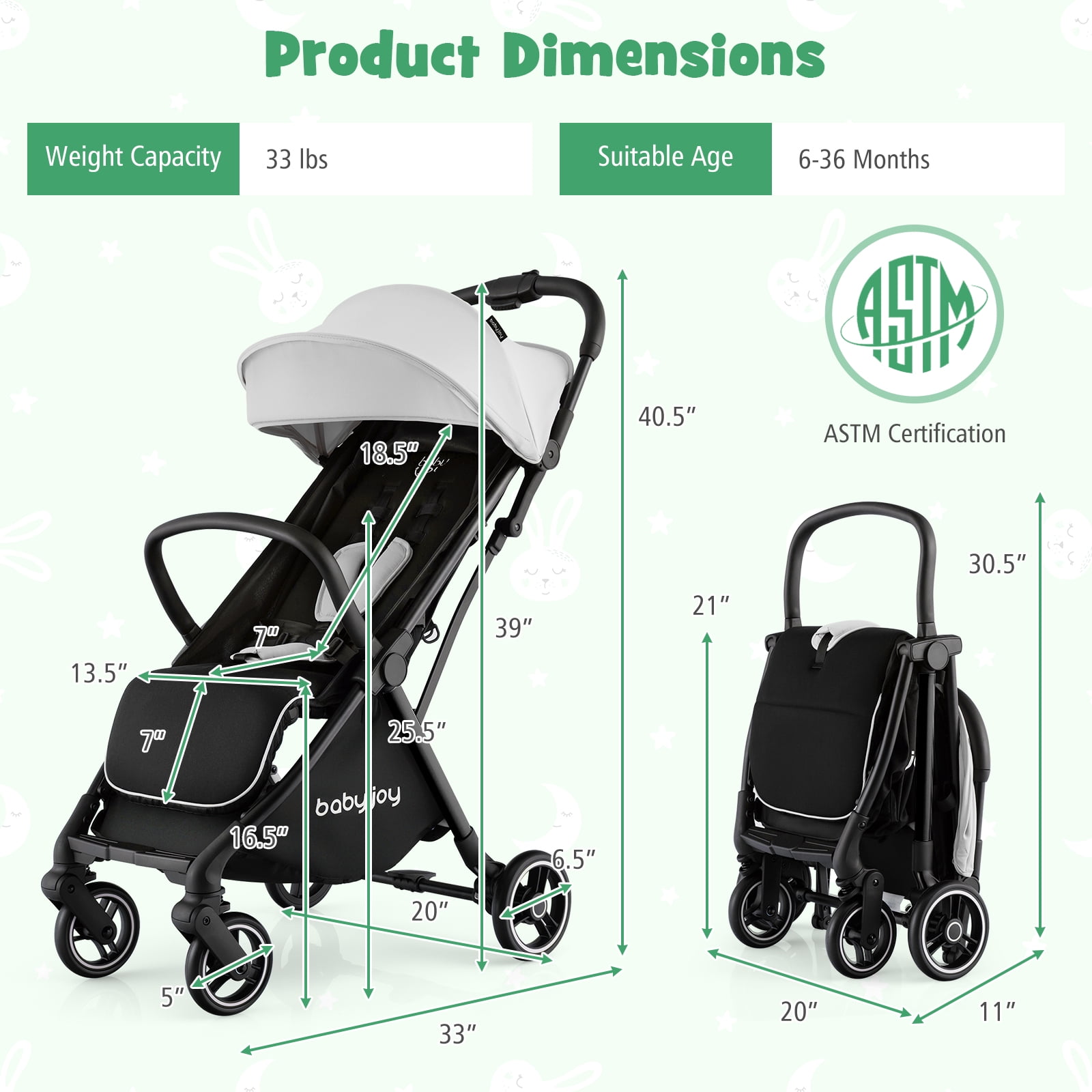 Infans Portable Baby Stroller One-Hand Fold Pushchair W/ Aluminum Frame Grey