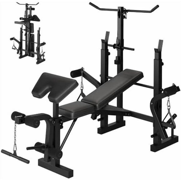 Ourlova Weight Bench Set with Leg Extension & Preacher Curl Pad – 9-In-1 Adjustable Workout Bench Press with LAT Pulldown, Butterfly Arms & Squat Rack, Multi-Function Strength Training