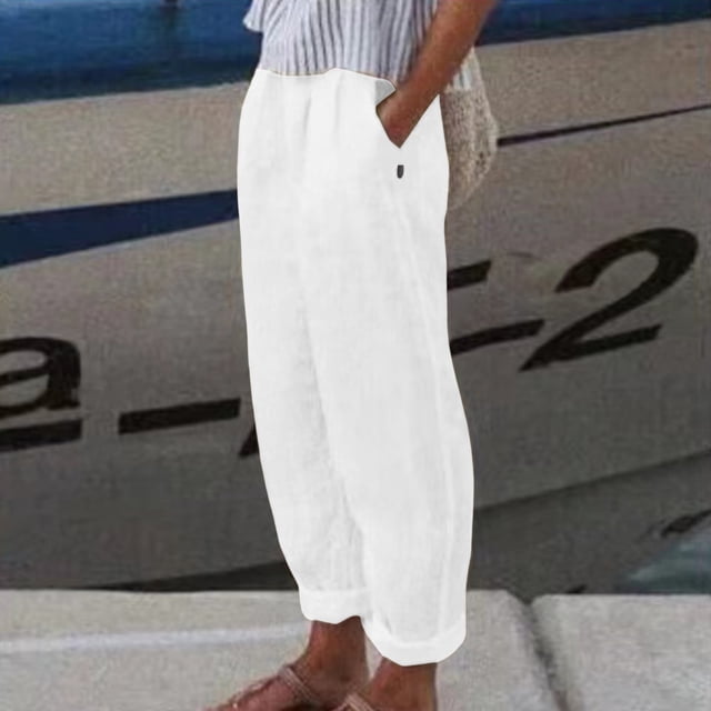 AherBiu Linen Pants for Women Elastic Waisted Loose Wide Leg Fashion Solid Color Causal Trousers with Pockets