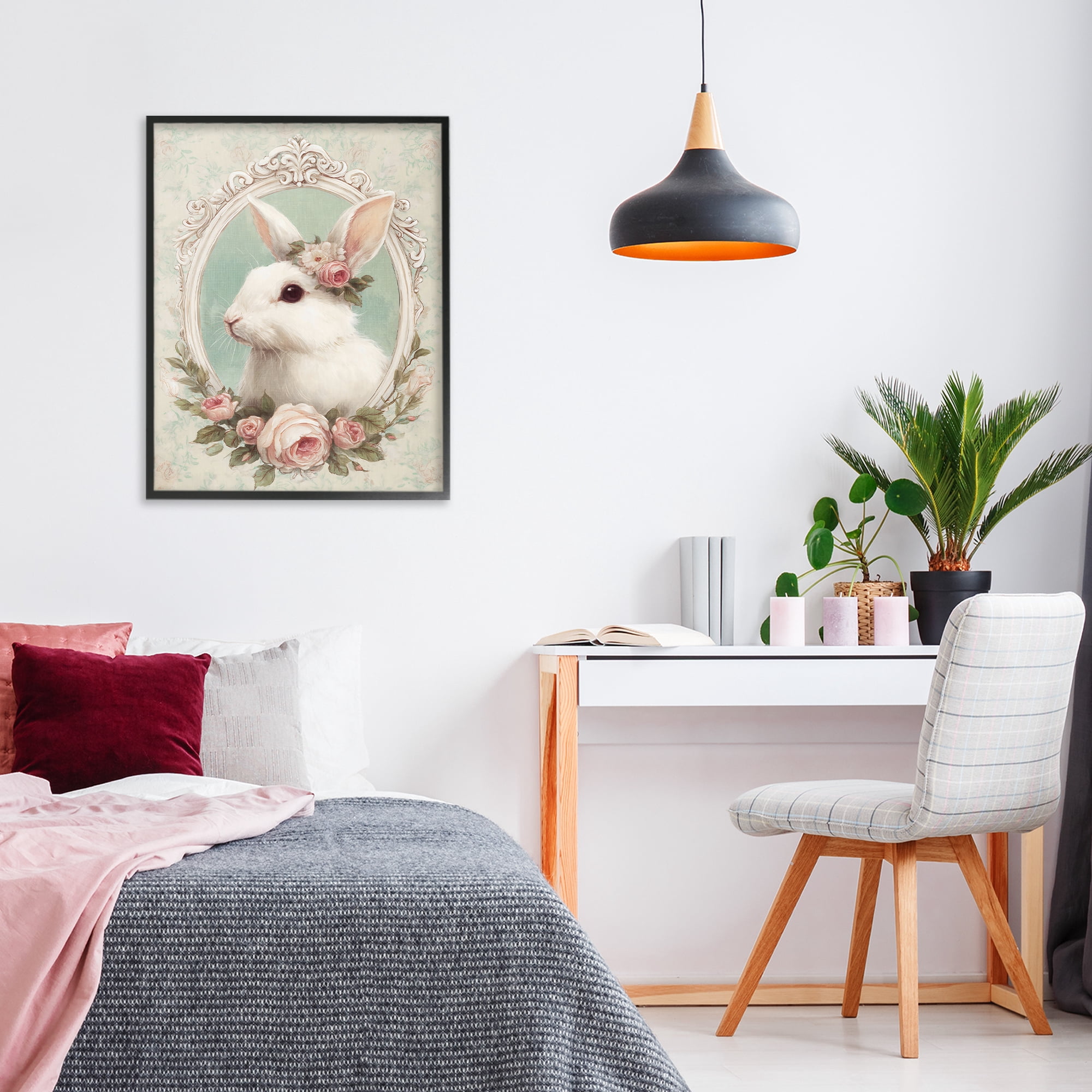 Stupell Industries Flower Fringed Bunny Portrait Black Framed Giclee Art, design by Ink Drop Loft