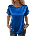 thumbnail image 2 of Satin Blouse for Women Business Casual Short Sleeve Tops Crewneck Silk Summer Shirt Blue 2XL, 2 of 6