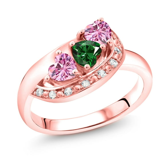 Gem Stone King 18K Rose Gold Plated Silver Green Nano Emerald and Pink Moissanite and White Created Sapphire Engagement Ring for Women (0.96 Cttw, Gemstone May Birthstone, Heart Shape 4MM, Size 9)