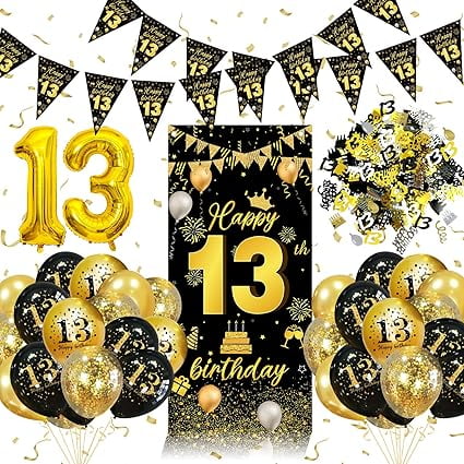 13th Birthday Decorations for Girls Boys, 13th Birthday Balloons Black Gold with 13 Balloons, Triangle Flag Banner, Banner | 13 Year Old Party Supplies Decor