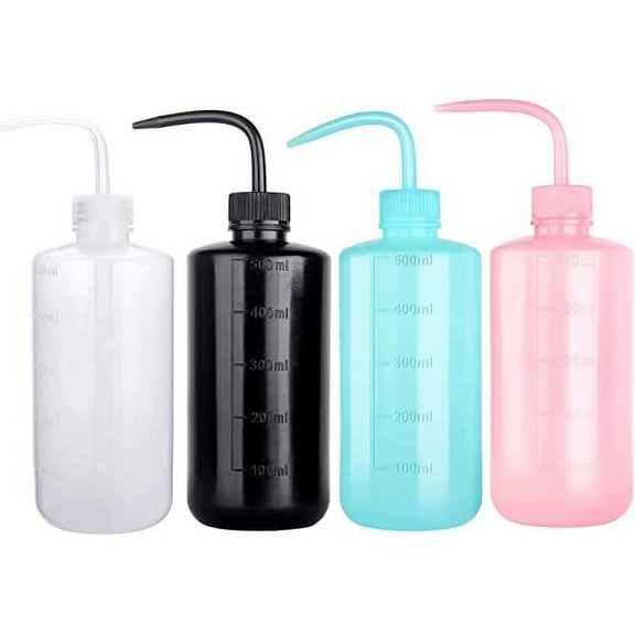 Namzi 500ml Plastic Safety Wash Bottle, 4 Colors Lab Squeeze Bottle with Narrow Mouth and Scale Labels, Squirt Bottle For Plant Flower Succulent Watering - 4 Packs