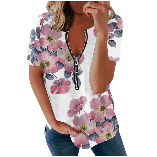 Moda Mujer Casual Cremallera Manga corta Cuello en V Impreso Señoras Tops Blusa Pompotops hkajfhjk464375